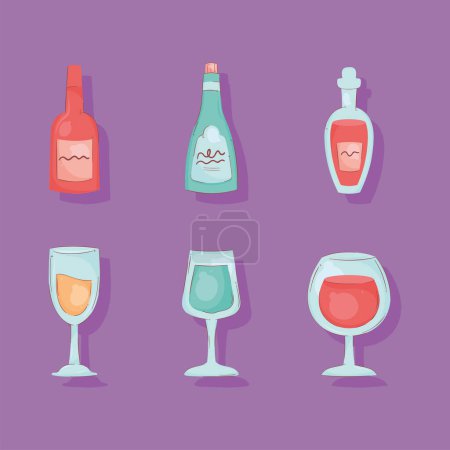 Téléchargez les illustrations : Wine bottles with cups icons - en licence libre de droit