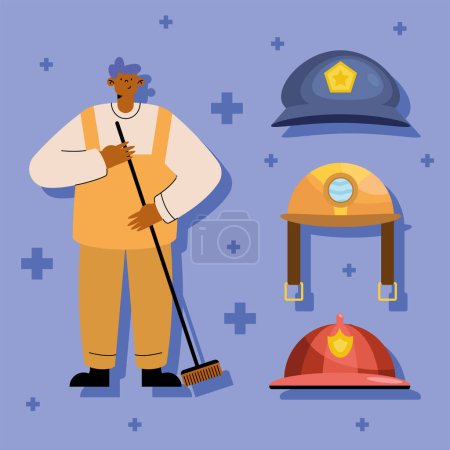 Téléchargez les illustrations : Street sweeper with professions hats icons - en licence libre de droit