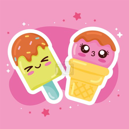 Téléchargez les illustrations : Sweet ice creams kawaii characters - en licence libre de droit