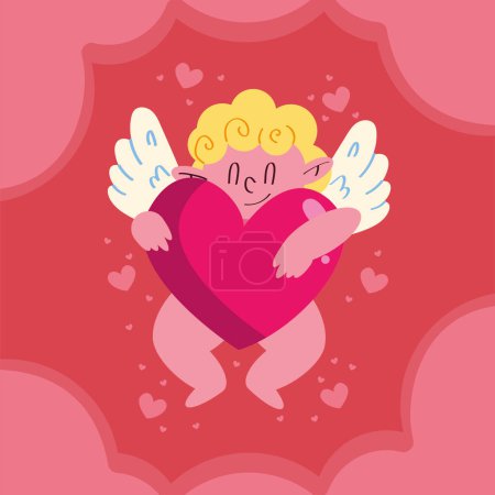 Illustration for Cupid angel hugging heart character - Royalty Free Image