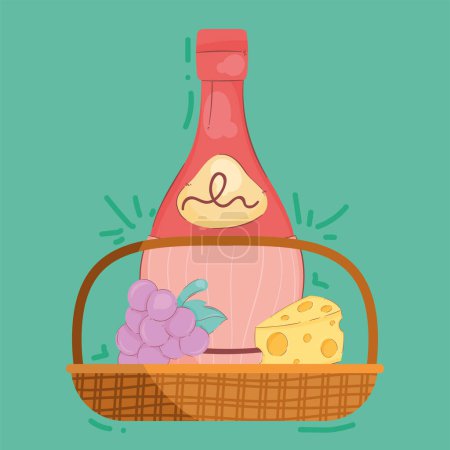 Ilustración de Wine bottle and food in basket icons - Imagen libre de derechos