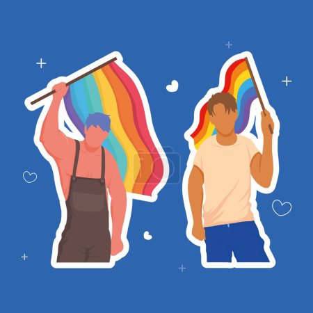 Illustration for Gays couple with lgbti flags characters - Royalty Free Image