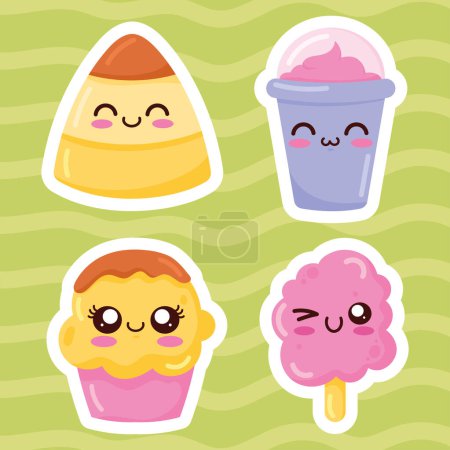 Téléchargez les illustrations : Four sweet food kawaii characters - en licence libre de droit