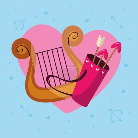 Illustration for Cupid harp and arrows bag - Royalty Free Image