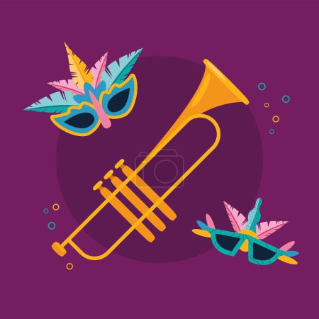 Illustration for Mardi gras masks with trumpet icons - Royalty Free Image