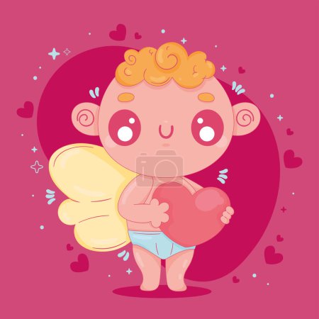 Illustration for Cupid angel lifting heart character - Royalty Free Image