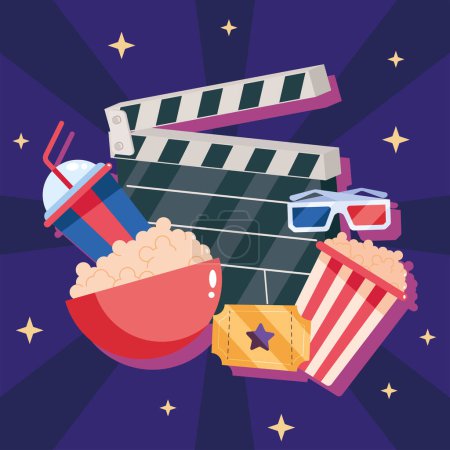 Illustration for Clapperboard with cinema food icons - Royalty Free Image