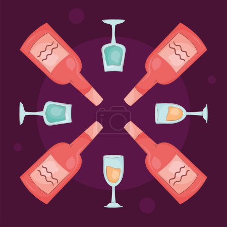 Téléchargez les illustrations : Wine bottles and cups around - en licence libre de droit