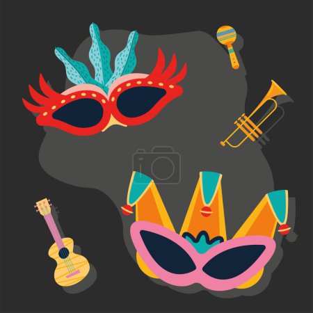 Téléchargez les illustrations : Mardi gras masks and instruments icons - en licence libre de droit