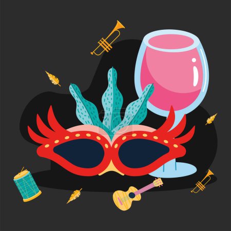 Illustration for Mardi gras mask and wine cup poster - Royalty Free Image