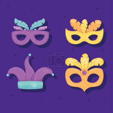Illustration for Mardi gras masks and jester hat icons - Royalty Free Image