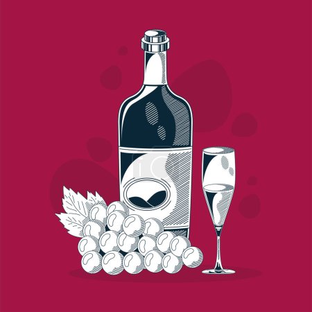 Ilustración de Wine bottle with grapes and cup - Imagen libre de derechos