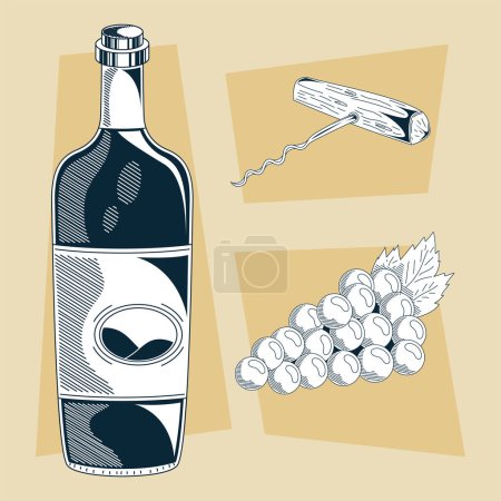 Ilustración de Wine bottle with corkscrew and grapes - Imagen libre de derechos