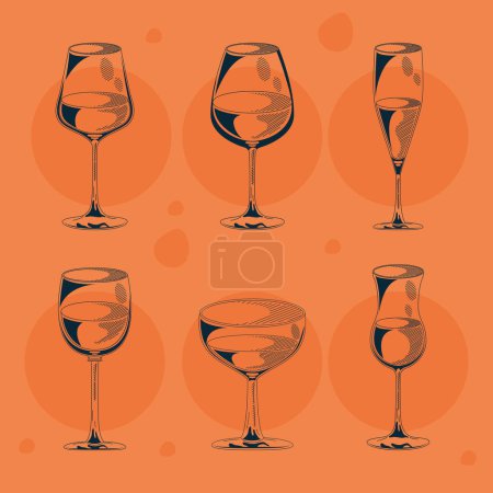 Ilustración de Six wine cups drinks icons - Imagen libre de derechos