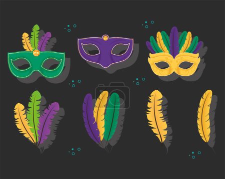 Illustration for Mardi gras masks with feathers icons - Royalty Free Image