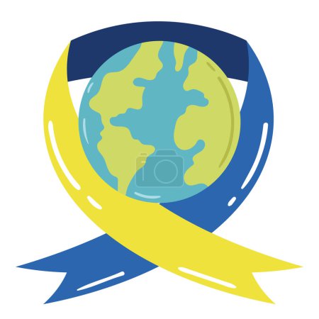 Ilustración de Down syndrome ribbon in earth planet - Imagen libre de derechos