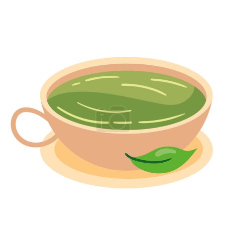 Téléchargez les illustrations : Green tea drink with leafs icon - en licence libre de droit