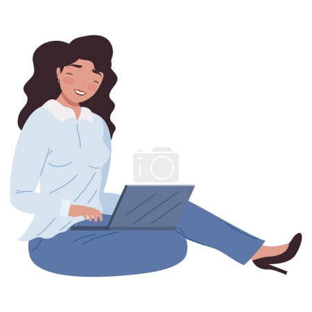 Téléchargez les illustrations : Femme assise en utilisant un personnage d'ordinateur portable - en licence libre de droit