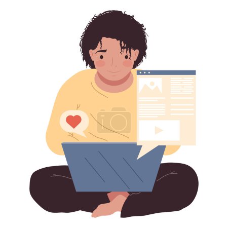 Téléchargez les illustrations : Woman blogger with laptop character - en licence libre de droit