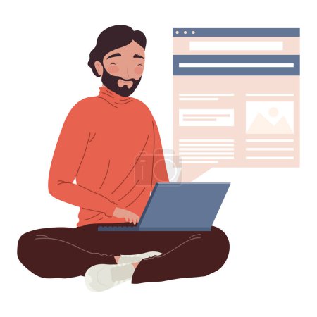 Illustration for Male blogger using laptop character - Royalty Free Image