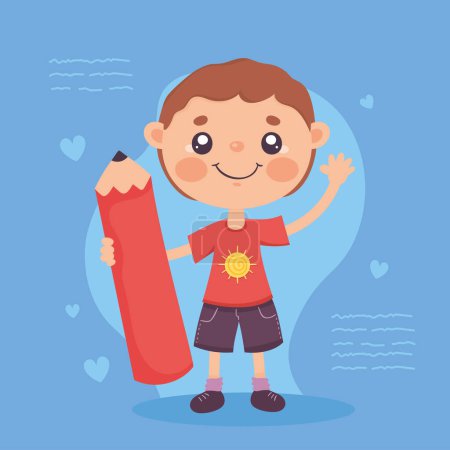 Téléchargez les illustrations : Little boy with red pencil character - en licence libre de droit