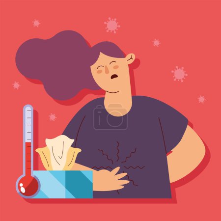 Ilustración de Woman with stomachache and fever character - Imagen libre de derechos