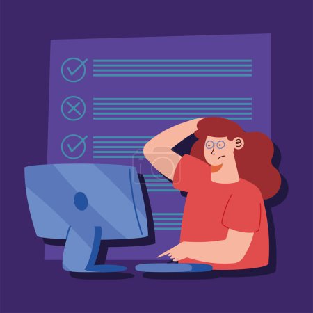 Ilustración de Woman using desktop online test - Imagen libre de derechos