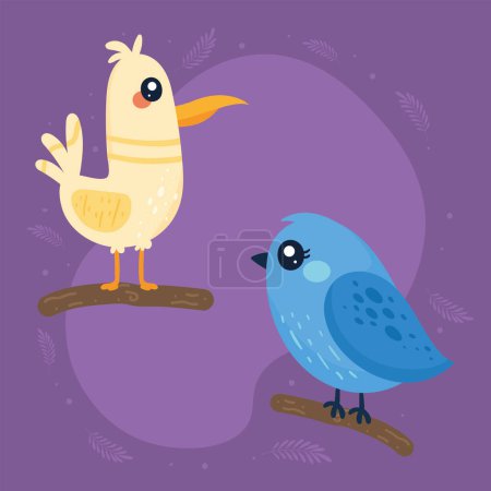 Ilustración de Yellow and blue birds in branch - Imagen libre de derechos
