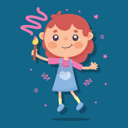 Téléchargez les illustrations : Little girl painting happy character - en licence libre de droit