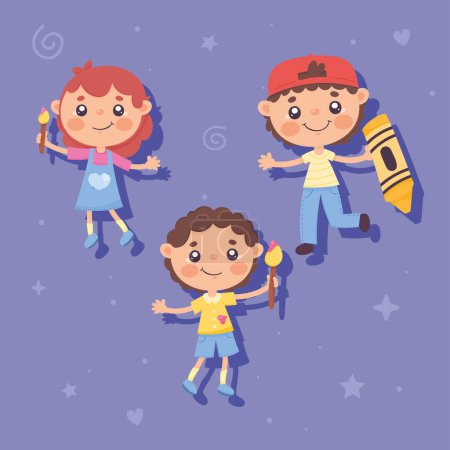 Illustration for Three little kids with supplies characters - Royalty Free Image