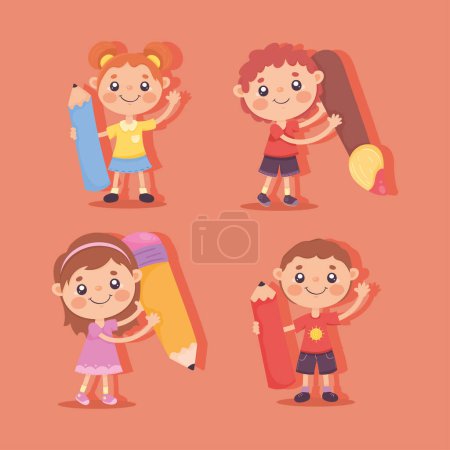 four little kids with supplies characters