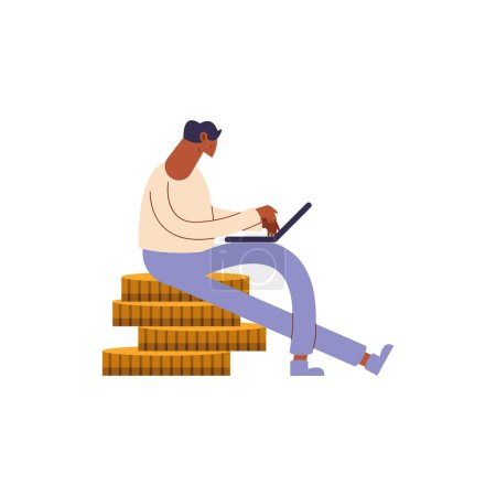 Illustration for Man using laptop seated in coins character - Royalty Free Image