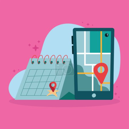 Téléchargez les illustrations : Pin location with calendar in smartphone icon - en licence libre de droit
