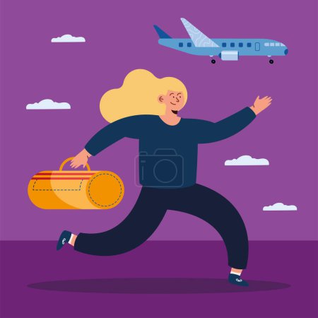 Téléchargez les illustrations : Femme courir après avion icône - en licence libre de droit