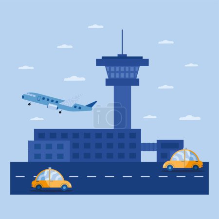 Ilustración de Avión despegando en escena del aeropuerto - Imagen libre de derechos