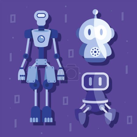 Téléchargez les illustrations : Trois robots groupe de personnages futuristes - en licence libre de droit