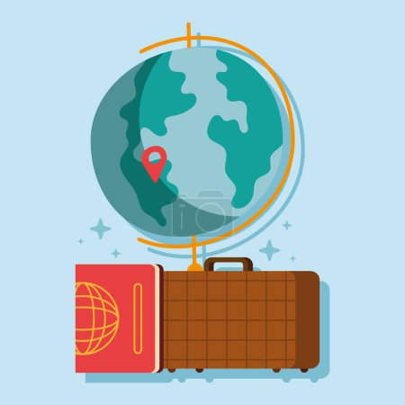 Ilustración de Pin location with passport and suitcase icon - Imagen libre de derechos