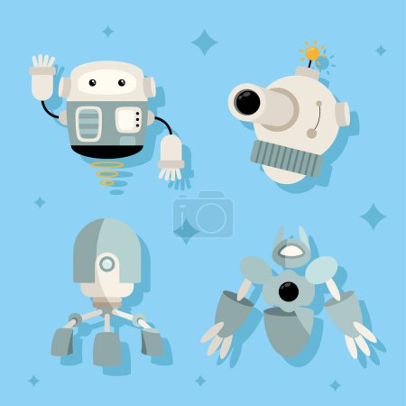 Téléchargez les illustrations : Four robots different styles characters - en licence libre de droit