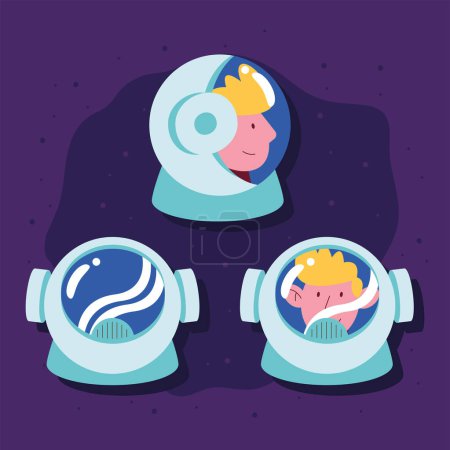 Téléchargez les illustrations : Three astronauts helmets space icons - en licence libre de droit