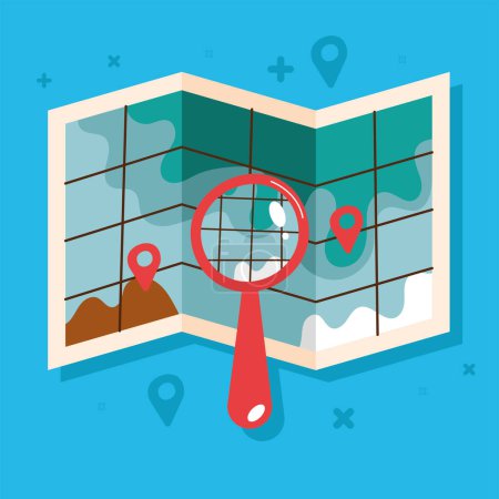 Illustration for Pins locations in map with magnifying glass icons - Royalty Free Image