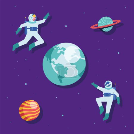 Téléchargez les illustrations : Three planets and astronauts icons - en licence libre de droit