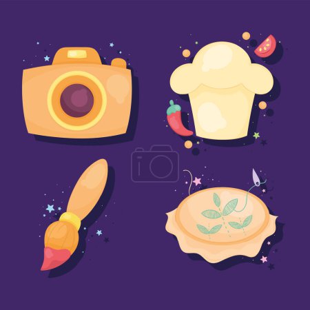 Illustration for Four fun hobbies set icons - Royalty Free Image