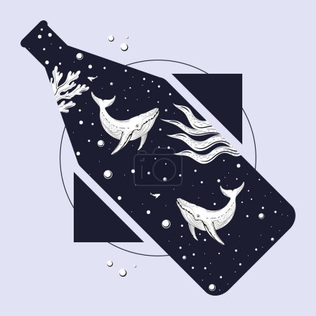 Illustration for Whales swiming in bottle surreal style - Royalty Free Image