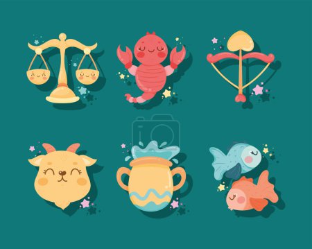 Ilustración de Zodiac six signs cute icons - Imagen libre de derechos