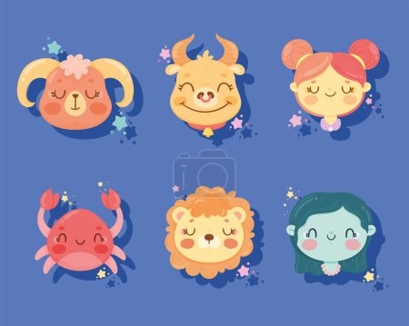 Téléchargez les illustrations : Six zodiac signs cute icons - en licence libre de droit