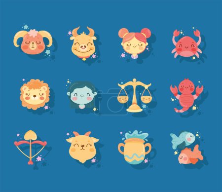 Téléchargez les illustrations : Twelve zodiac signs cute icons - en licence libre de droit