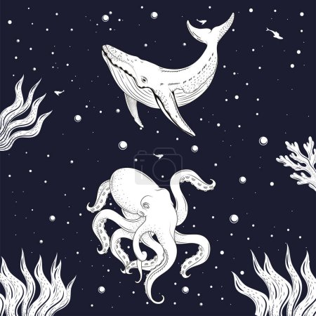 Illustration for Octopus and whale surreal style - Royalty Free Image