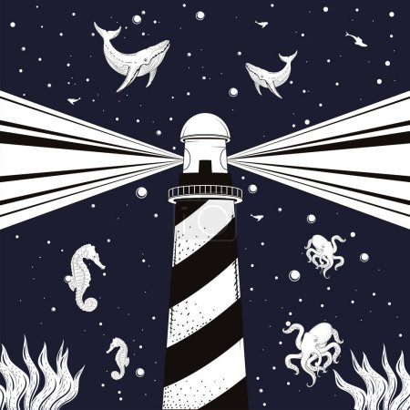 Illustration for Lighthouse with sealife surreal style - Royalty Free Image