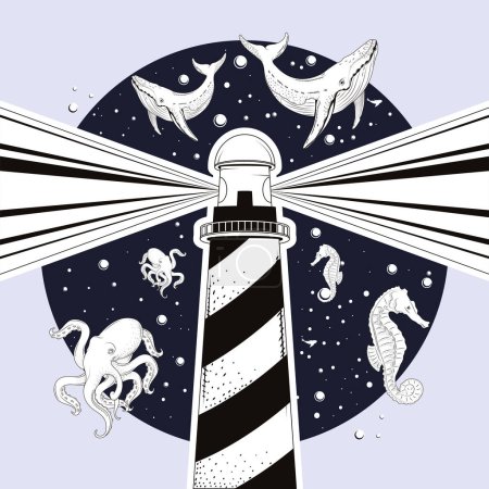 Téléchargez les illustrations : Lighthouse with sealife animals scene - en licence libre de droit