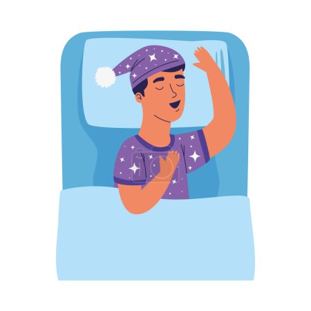 Illustration for Young man sleeping in bed character - Royalty Free Image